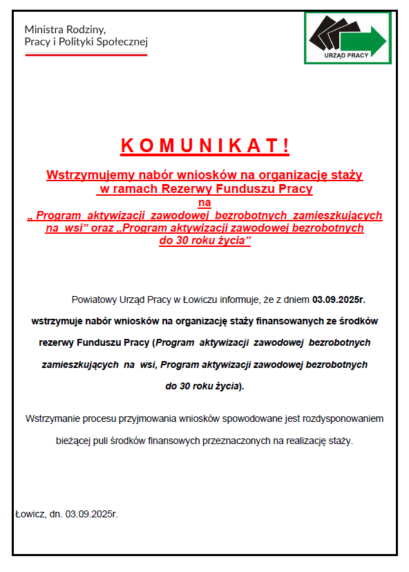 Zdjęcie artykułu K O M U N I K A T !  Wstrzymujemy nabór wniosków na organizację staży w ramach Rezerwy Funduszu Pracy