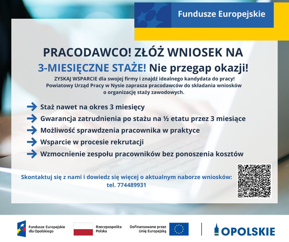 Obrazek dla: PRACODAWCO! Złóż wniosek na 3-MIESIĘCZNE STAŻE! Nie...