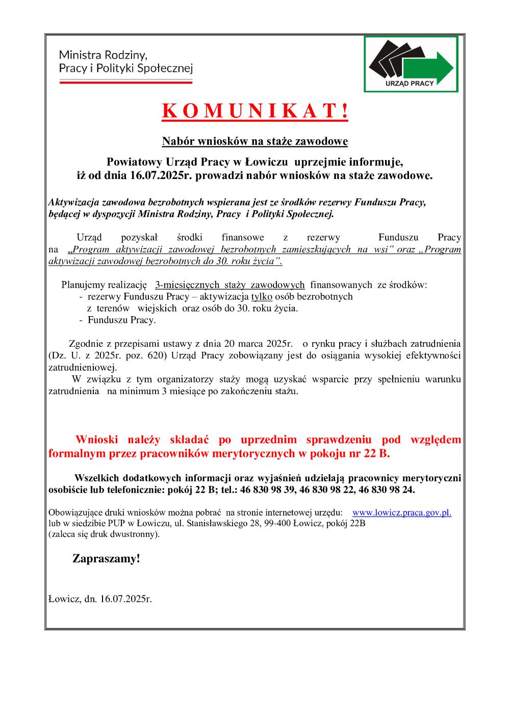 Komunikat o naborze na staże zawodowe